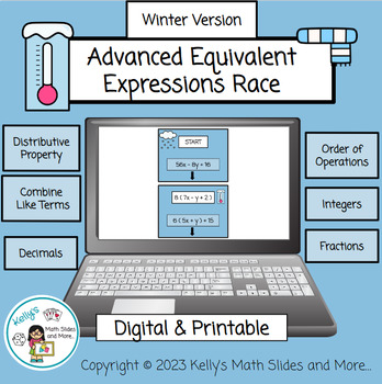 Preview of Advanced Equivalent Expressions Race - Winter-Themed Math -Digital and Printable