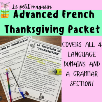 Preview of Advanced French Thanksgiving Packet--L'action de grâce--Activities for French 3