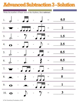 Music Math: Advanced Subtraction Worksheets (3) by The Travelling