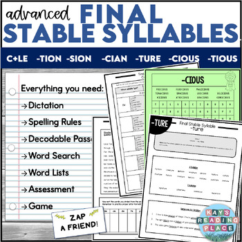 Preview of Advanced Phonics Final Stable Syllable c+le -tion-sion -cian -cious -tious -ture