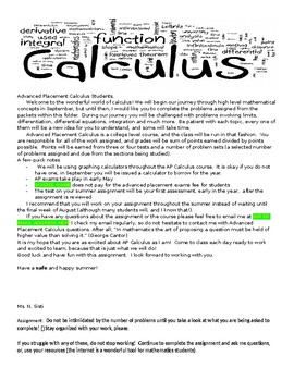 Preview of Advanced Placement Calculus Introduction Letter