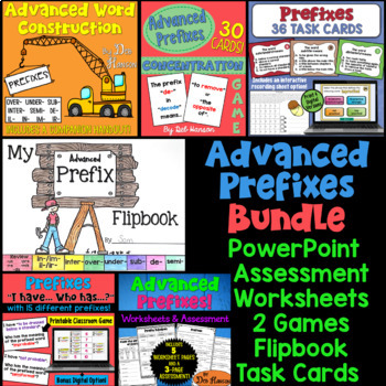 Preview of Advanced Prefixes Bundle of Activities: Worksheets, Task Cards, Game, PowerPoint