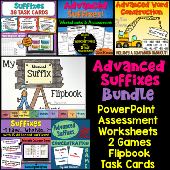 Preview of Advanced Suffixes Bundle of Activities: Worksheets, Task Cards, Game, PowerPoint