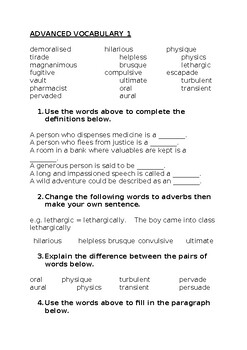 Preview of Advanced Vocabulary Worksheet 1 - 6 tasks over 2 A4 Pages