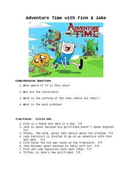 Preview of Adventure Time Comprehension Questions Worksheet