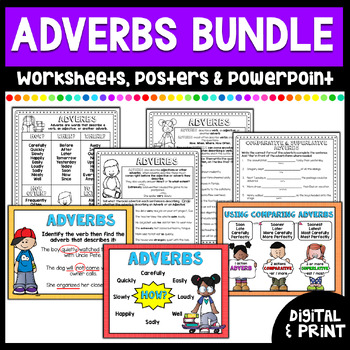 Preview of Adverbs Worksheets, Posters, & PowerPoint Bundle | Print & Google Slides