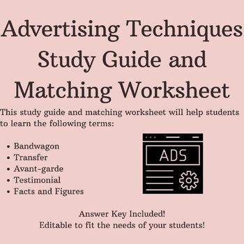 Preview of Advertising Techniques Study Guide and Matching Worksheet