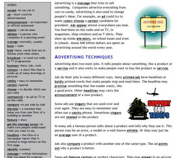 Preview of Advertising - Text and Exercise Sheets