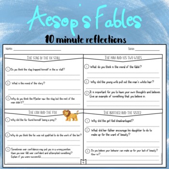 Aesop's Fables 10 minute Reflection Questions by Dressed in Sheets by ...