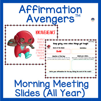 Preview of Affirmation Avengers All Year Morning Meeting Slides Building Community Activity