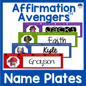 Preview of Affirmation Avengers Student Desk Name Plates & Tags Editable SEL, Self-Esteem