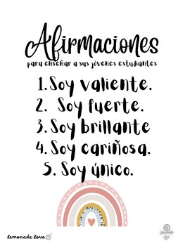 Affirmations Poster for Young Learners English & Spanish by Lemonade Love