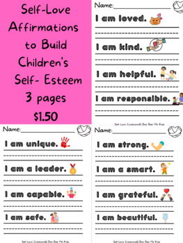 Preview of Affirmations Worksheet to build Self-Esteem and Practice Writing