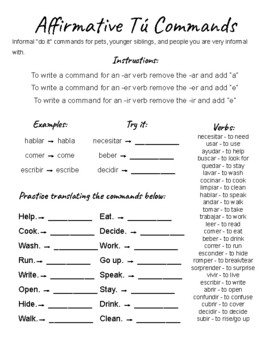 Preview of Affirmative, Negative, Regular and Irregular Tu Commands Worksheet/Handout