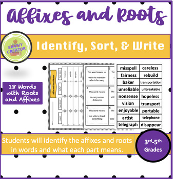 Affixes and Root Words Sort and Writing Activity by SavvyCreator