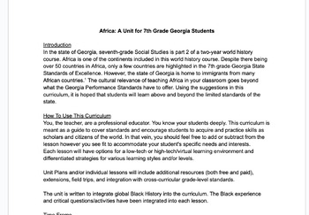 Preview of Africa: A Unit for 7th Grade Georgia Students Unit Plan