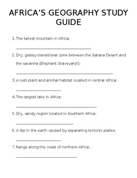 Preview of Africa Geographical Features Study Guide