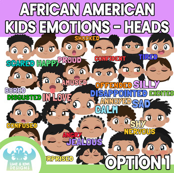 Preview of African American Kids Emotions - Faces Clipart (Lime and Kiwi Designs)