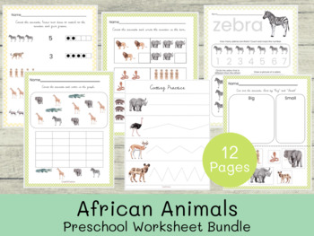 Preview of African Animal Worksheet Bundle - Counting, Sorting, Cutting, Writing, Tracing