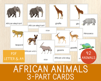 Preview of African Animals 3-Part Cards, Nomenclature Cards, Africa Unit Study, Montessori