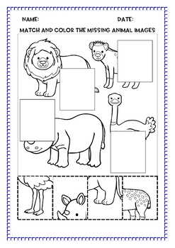 African Animals Cut and Paste Match-ups Worksheets, PreK-3, No Prep