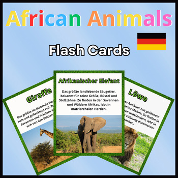 Preview of African Animals Flach Cards, German Fun Facts, Real Pictures, Printables.