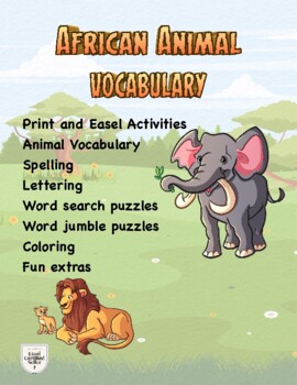 Preview of African Animals Vocabulary Spelling words and Lettering activities bundle