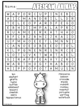 African Animals Word Search Puzzles Crossword by Little Ones And Me