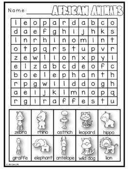 African Animals Word Search Puzzles Crossword by Little Ones And Me
