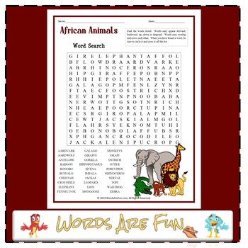 african animals word search puzzle handout fun activity by words are fun