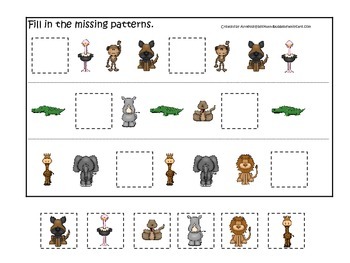 African Animals themed Fill in the Missing Pattern preschool printable game.