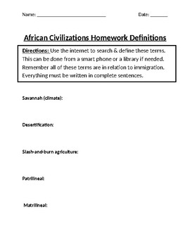 Preview of African Civilizations Homework Definitions