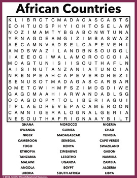 African Countries Word Search by Jennifer Olson Educational Resources