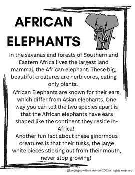 Preview of African Elephant Passage With Comprehension Questions and Coloring Sheet