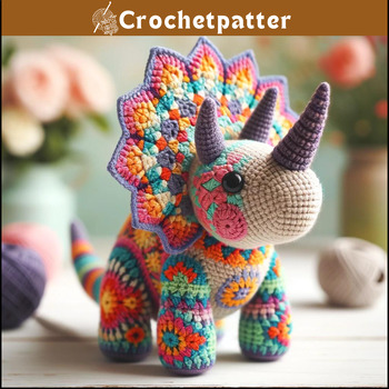Preview of African Flower Triceratops Crochet Pattern – Digital Download