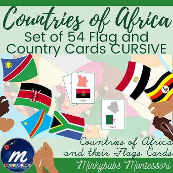 Preview of African Geography Countries and Flags of Africa Set 54 Cards in CURSIVE