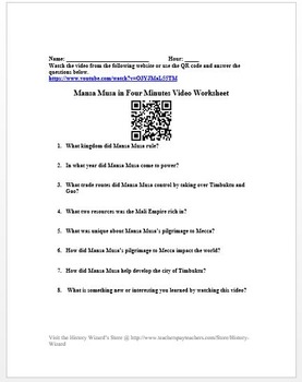 African History: Mansa Musa in Four Minutes Video Worksheet by History