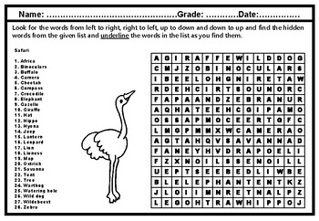 african jungle safari word search worksheet africa animals vocabulary sub plan