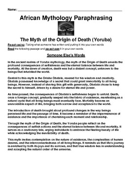 Preview of African Myth: The Myth of the Origin of Death (Yoruba) Paraphrasing Worksheet