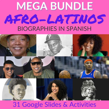 Preview of Afro-Latinos Biographies in Spanish MEGA Bundle: 31 Google Slides & Activities