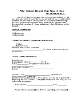 Preview of After School Activity Permission Slip Template