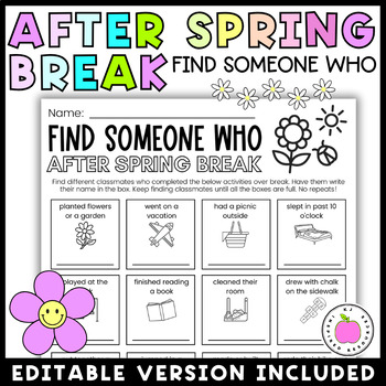 Preview of After Spring Break Activity | Find Someone Who Editable