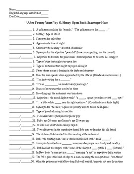 After Twenty Years By O Henry Open Book Scavenger Hunt And Key Tpt