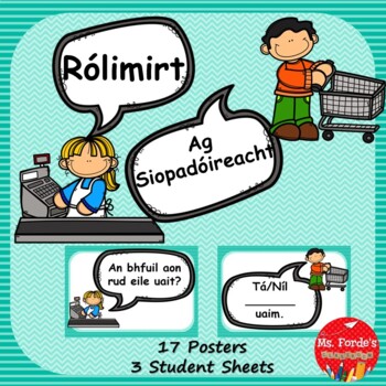 Preview of Ag Siopadóireacht Gaeilge Rólimirt & Worksheet Set (Irish Roleplay, Shopping)