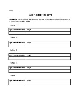 Preview of Age Appropriate Toys Station Sheet - Child Care / Babysitting Unit Activity