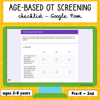 Preview of Age-based occupational therapy screening checklist - Google Form