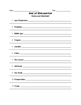 Preview of Age of Exploration Vocabulary Worksheet and Word Search