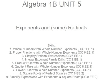 Preview of HS [Remedial] Algebra 1B UNIT 5: Exponents; Radicals (5 wrkshts;7 quizzes)