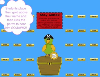 Preview of "Ahoy, Maties!" Pirate & Parrot Themed SMART Board Attendance Activity w/ SOUND