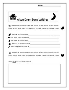 Preview of Aiken Drum Song Writing Lesson and Worksheet